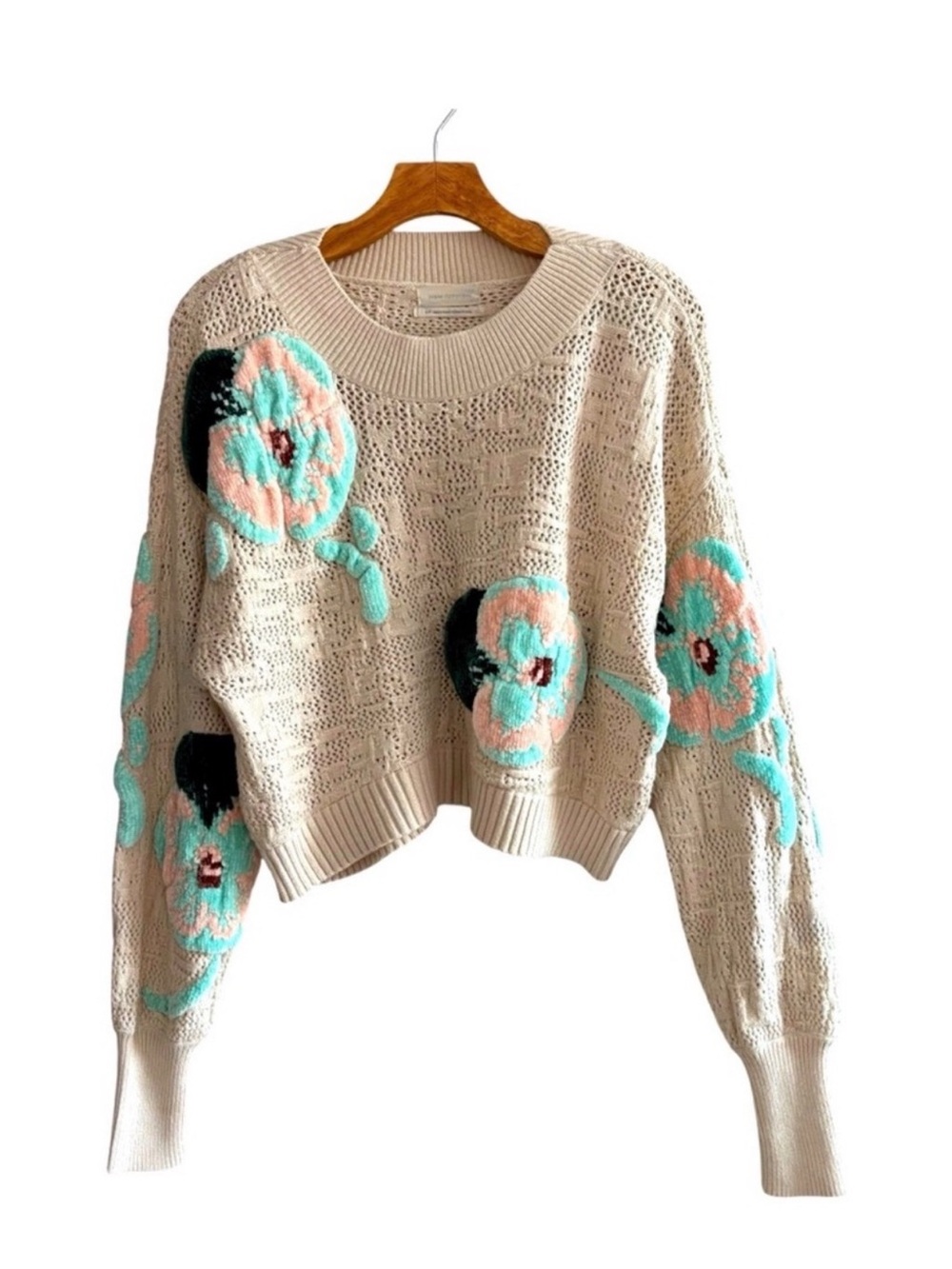 Urban Outfitters Cream Knit Floral Embroidered Sweater S